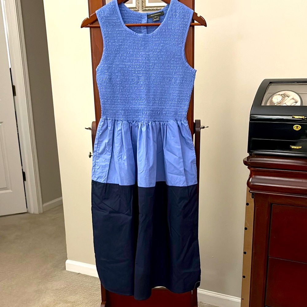 FRENCH CONNECTION Rhodes Colorblock Smocked Poplin Dress, Size 4, Blue